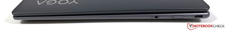 À direita: interruptor para o obturador de privacidade da webcam, botão de alimentação, USB-C 3.2 Gen.2 (10 Gbit/s, DisplayPort 1.4, Power Delivery 3.0)