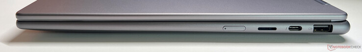 Direita: botão liga/desliga, leitor de cartão microSD, USB-C 4.0 com Thunderbolt 4 (40 Gbit/s, DisplayPort 2.1, Power Delivery 3.0), USB-A 3.2 Gen 1 (5 Gbit/s, alimentado)