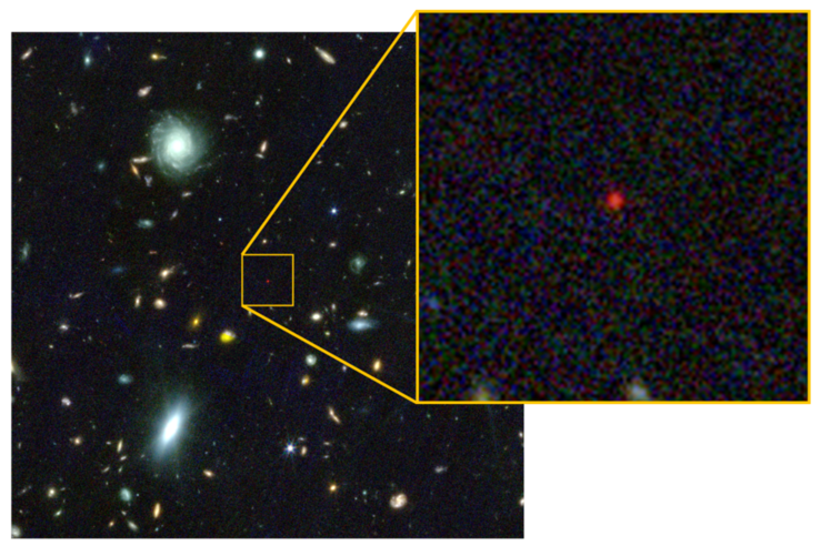 A “estrela do buraco negro” aparece como um minúsculo ponto vermelho nesta imagem do Telescópio Espacial James Webb.