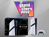 Console PS5 Pro mostrado abaixo do logotipo do GTA 6 (Fonte da imagem: Sony PlayStation, Rockstar Games com edições)