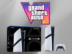 Console PS5 Pro mostrado abaixo do logotipo do GTA 6 (Fonte da imagem: Sony PlayStation, Rockstar Games com edições)