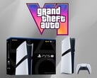 Console PS5 Pro mostrado abaixo do logotipo do GTA 6 (Fonte da imagem: Sony PlayStation, Rockstar Games com edições)