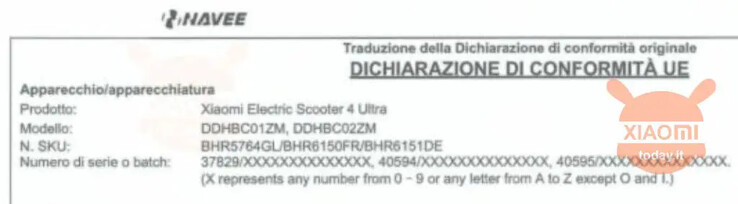 Declaração de conformidade da Xiaomi Electric Scooter 4 Ultra na Itália. (Fonte da imagem: XiaomiToday.it)