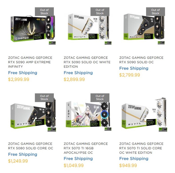GPUs da série RTX 50 no site da ZOTAC. (Fonte da imagem: ZOTAC)