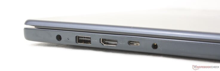 À esquerda: adaptador de CA, USB-A (5 Gbps), HDMI 1.4, USB-C (5 Gbps) com Power Delivery 3.0 + DisplayPort 1.2, entrada de 3,5 mm para fones de ouvido