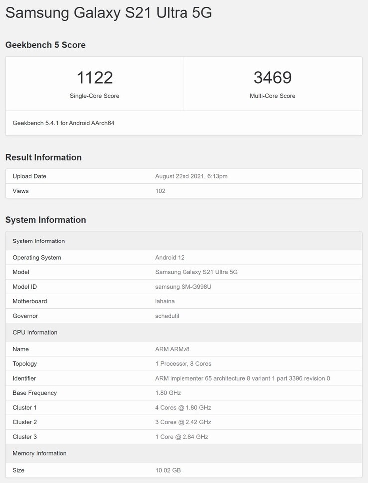 Um S21 Ultra em Android 12 (?) (Fonte: Geekbench via MySmartPrice)