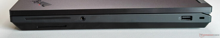 Direita: Conector de áudio de 3,5 mm, USB-A 3.2 Gen.2 (10 Gbit/s, Always On), slot Kensington Nano Security