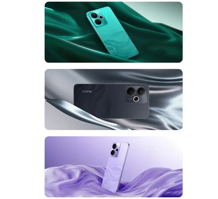 O Realme 14T 5G vem nas cores preto obsidiana, verde surfe e roxo relâmpago, inspiradas no cetim (Fonte da imagem: Realme)