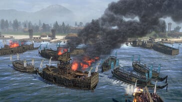 Uma imagem que mostra uma batalha naval em Total War: Shogun 2.