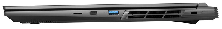 Lado direito: Leitor de cartão MicroSD, Thunderbolt 4/USB 4 (USB-C; Power Delivery, DisplayPort), USB 3.2 Gen 1 (USB-A), slot para trava de cabo