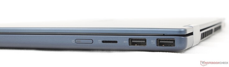 À direita: Botão liga/desliga, leitor MicroSD, 2x USB-A (5 Gbps)