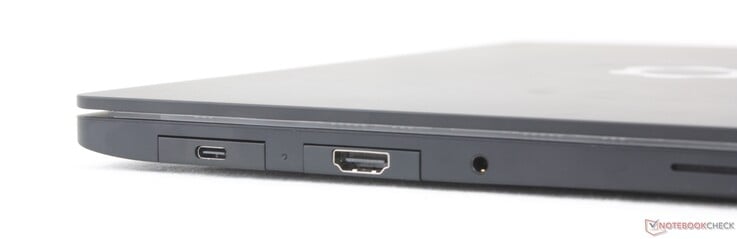 Esquerda: 2 portas USB-C Thunderbolt 4 com DisplayPort 2.1 + alimentação de 140 W, entrada de 3,5 mm para fones de ouvido