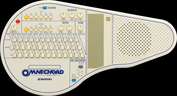 O Omnichord é tocado deslizando um dedo pelo braço vertical enquanto se pressionam os botões de acordes. (Fonte: Suzuki)