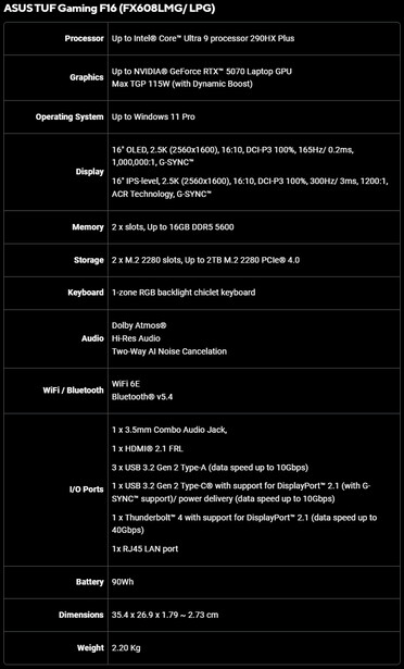 Especificações do Asus TUF Gaming F16 (FX608LMG/ LPG)