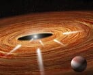 Uma ilustração artística mostrando um planeta e uma estrela.