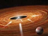 Uma ilustração artística mostrando um planeta e uma estrela.