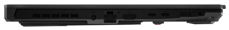 Lado esquerdo: Fonte de alimentação, Gigabit Ethernet, HDMI, Thunderbolt 4 (USB-C; DisplayPort), USB 3.2 Gen 2 (USB-C; Power Delivery, DisplayPort, G-Sync), USB 3.2 Gen 1 (USB-A), áudio
