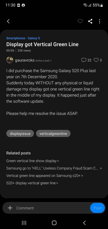 Usuários reclamando de Galaxy S20 Plus apresentam problemas de exibição nos Membros Samsung (imagem através do próprio)