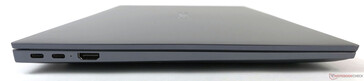 Esquerda: 2x USB-C (suporta carregamento de 20 V/3.25 A, transferência de dados, e DisplayPort), 1x HDMI 2.0