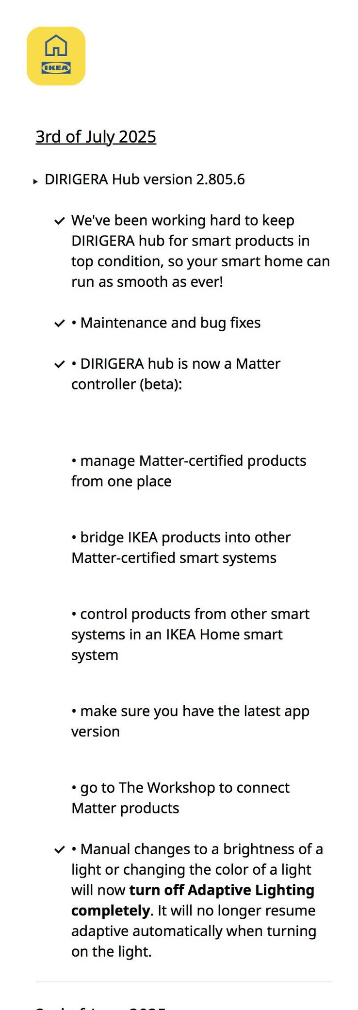 As notas de lançamento do software IKEA Dirigera Hub versão 2.805.6. (Fonte da imagem: IKEA via Reddit)