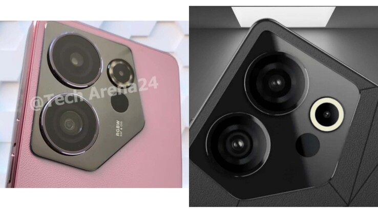 A suposta imagem real do Camon 20 Premier 5G (esquerda), com uma apresentação de sua suposta versão em preto à direita. (Fonte: TheCluesTech)