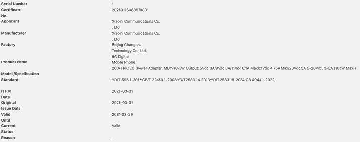 certificação 3C do Redmi K90 Ultra.