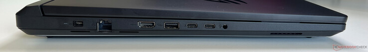 Esquerda: fonte de alimentação, Gigabit Ethernet, HDMI 2.1, USB-A 3.2 Gen 2 (10 Gbit/s), áudio de 3,5 mm