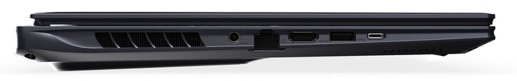 Lado esquerdo: conexão de energia, Gigabit Ethernet, HDMI, USB 3.2 Gen 2 (USB-A), Thunderbolt 4 (USB-C; Power Delivery, DisplayPort)