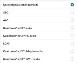 Codecs de áudio Bluetooth disponíveis