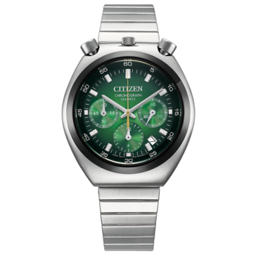 Vista frontal do Citizen Tsuno Chronograph AN3714-76W, com mostrador verde em degradê.
