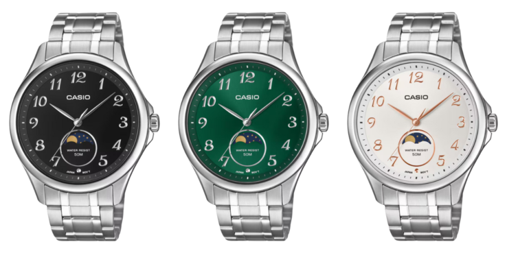 Da esquerda para a direita: os relógios Casio MTP-M110D-1AV, MTP-M110D-3AV e MTP-M110D-7AV. (Fonte da imagem: Casio, editado)