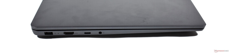 Esquerda: Porta de carga com ponta fina, HDMI 2.0, USB-C 3.2 Gen 2, conector de áudio de 3,5 mm