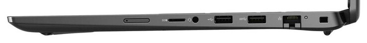 Lado direito: Porta cartão SIM (opcional), leitor de cartão de memória (MicroSD), combo de áudio, USB 2.0 (USB-A), USB 3.2 Gen 1 (USB-A), Gigabit Ethernet, slot para um bloqueio de cabo
