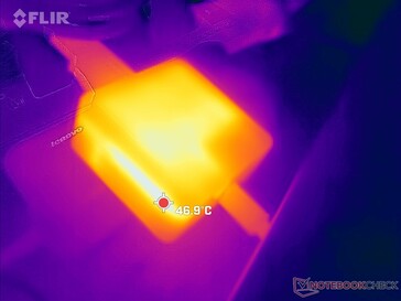 O adaptador AC pode chegar a 47 C quando se trabalha com cargas pesadas por longos períodos