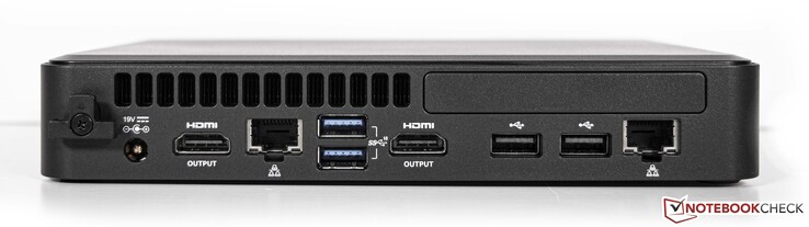 Atrás: Conector de alimentação, 2x HDMI, 2x LAN (Intel i219-LM GbE +Intel i211-AT GbE), 2x USB3.1 Gen.2, 2x USB2.0