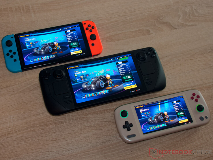 Comparação de tamanhos - Nintendo Switch OLED, Steam Deck OLED, Ayaneo Air 1S