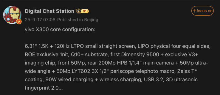 Especificações vazadas do Vivo X300. (Fonte da imagem: Weibo - tradução automática)