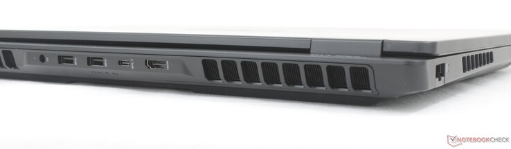 Traseira: Adaptador CA, 2x USB-A (10 Gbps), USB-C com DisplayPort 2.1 + Power Delivery 3.1 (10 Gbps), HDMI 2.1