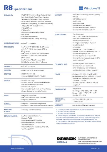 Especificações do Durabook R8 (Fonte: Durabook)