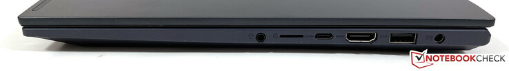 Direito: áudio de 3,5 mm, leitor de cartões microSD, USB-C (3.2 Gen 1), HDMI 1.4b, USB-A (3.2 Gen 1), alimentação