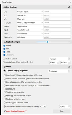 Parte superior - configurar teclas adicionais; parte inferior - 7 processos Asus ativos