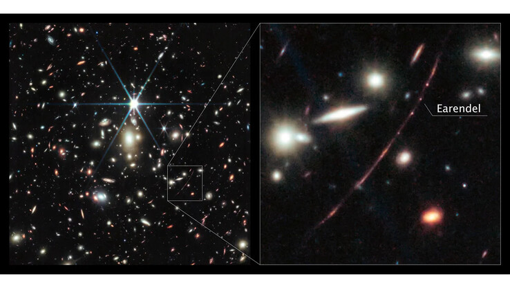 Um aglomerado galáctico na imagem da esquerda aumenta a luz do que foi percebido como a estrela mais distante do Universo na imagem da direita. (Fonte da imagem: NASA, ESA, CSA, D. Coe, B. Welch)