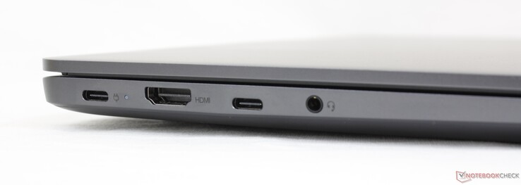 Esquerda: USB-C 2.0 (Power Delivery), HDMI 1.4b, USB-C 2.0, áudio combinado de 3.5 mm