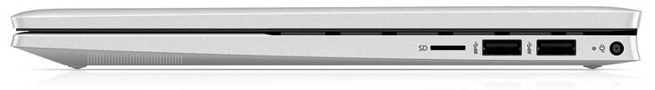 Lado direito: Leitor de cartões (microSD), duas portas USB 3.2 Gen 1 (Tipo A), porta de carga