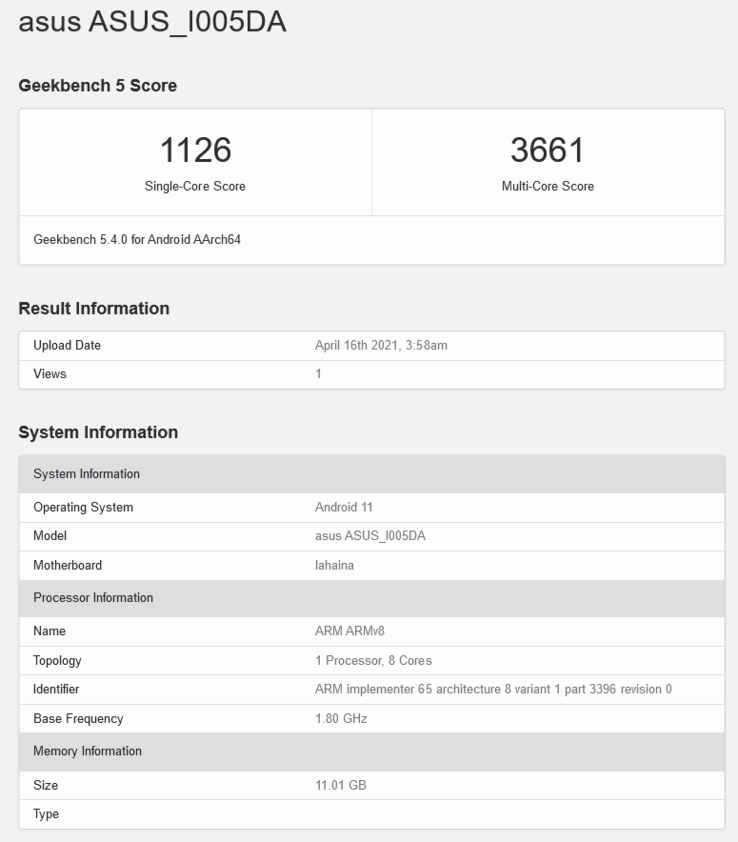 ASUS ZenFone 8 Mini 12GB RAM variante (imagem via Geekbench)