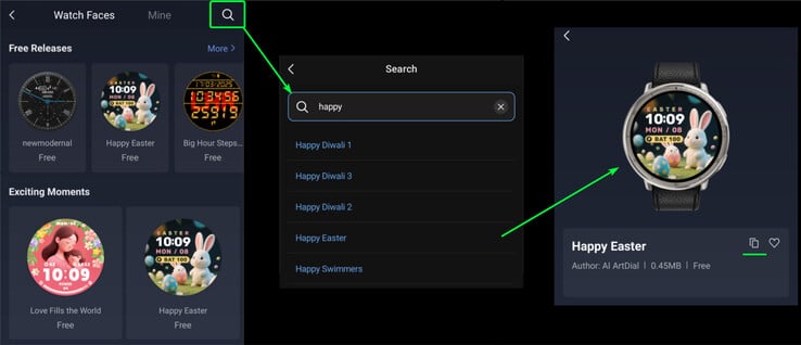 Uma captura de tela do novo recurso de pesquisa do mostrador do relógio para o aplicativo Zepp Health. (Fonte da imagem: Amazfit)