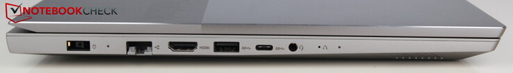 Esquerda: alimentação, LAN, HDMI, USB A 3.0, USB C 3.0, porta de áudio