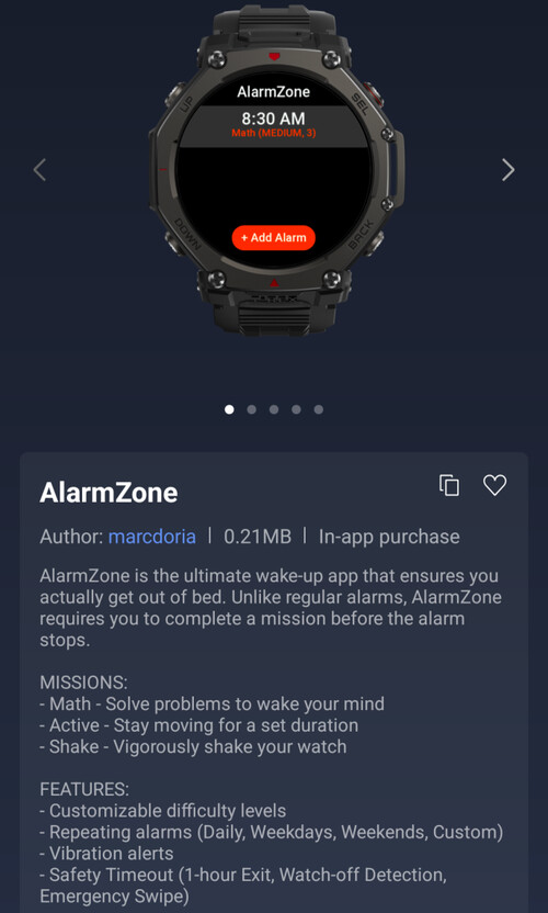O aplicativo AlarmZone Mini para smartwatches Amazfit