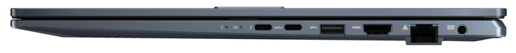 Lado direito: Thunderbolt 4 (USB-C; fornecimento de energia, DisplayPort), USB 3.2 Gen 2 (USB-C; fornecimento de energia), USB 3.2 Gen 1 (USB-A), HDMI, gigabit ethernet, conexão de energia