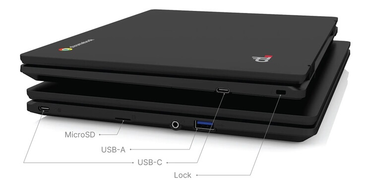 O CTL Chromebook PX121E vem com duas portas USB-C, uma porta USB-A, um slot microSD e um slot de trava de segurança. (Fonte da imagem: CTL)